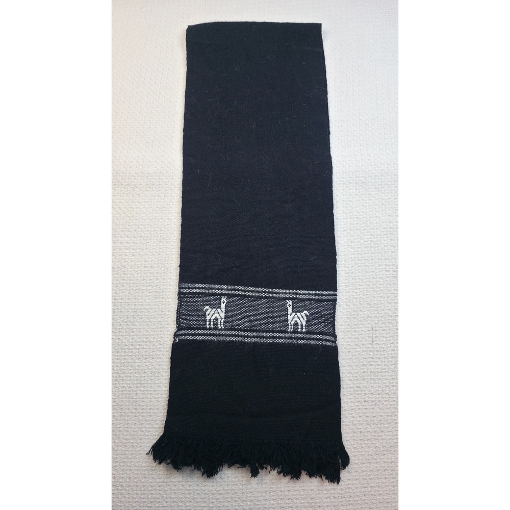 Wool Scarf Unisex Black Llama Woven Fringed Excellent
